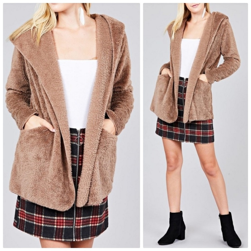 Fluffy Faux Fur Sherpa Hoodie Jacket w Pockets